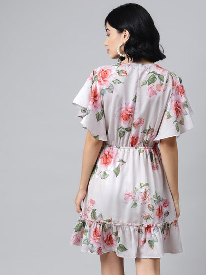 Women's Nude Floral Wrap Fit & Flare Dress