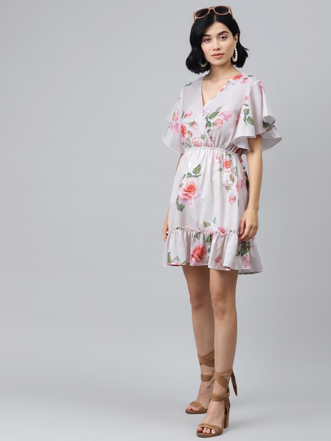 Women's Nude Floral Wrap Fit & Flare Dress