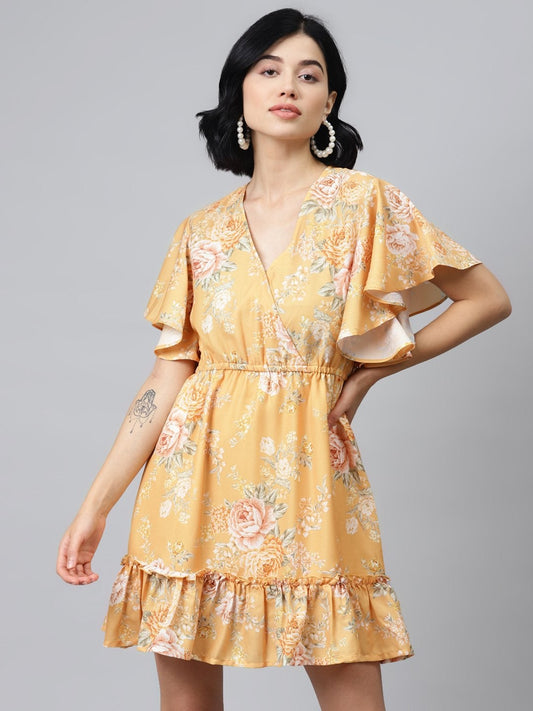 Women's Mustard Floral Wrap Fit & Flare Dress
