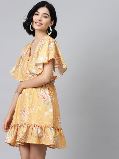 Women's Mustard Floral Wrap Fit & Flare Dress