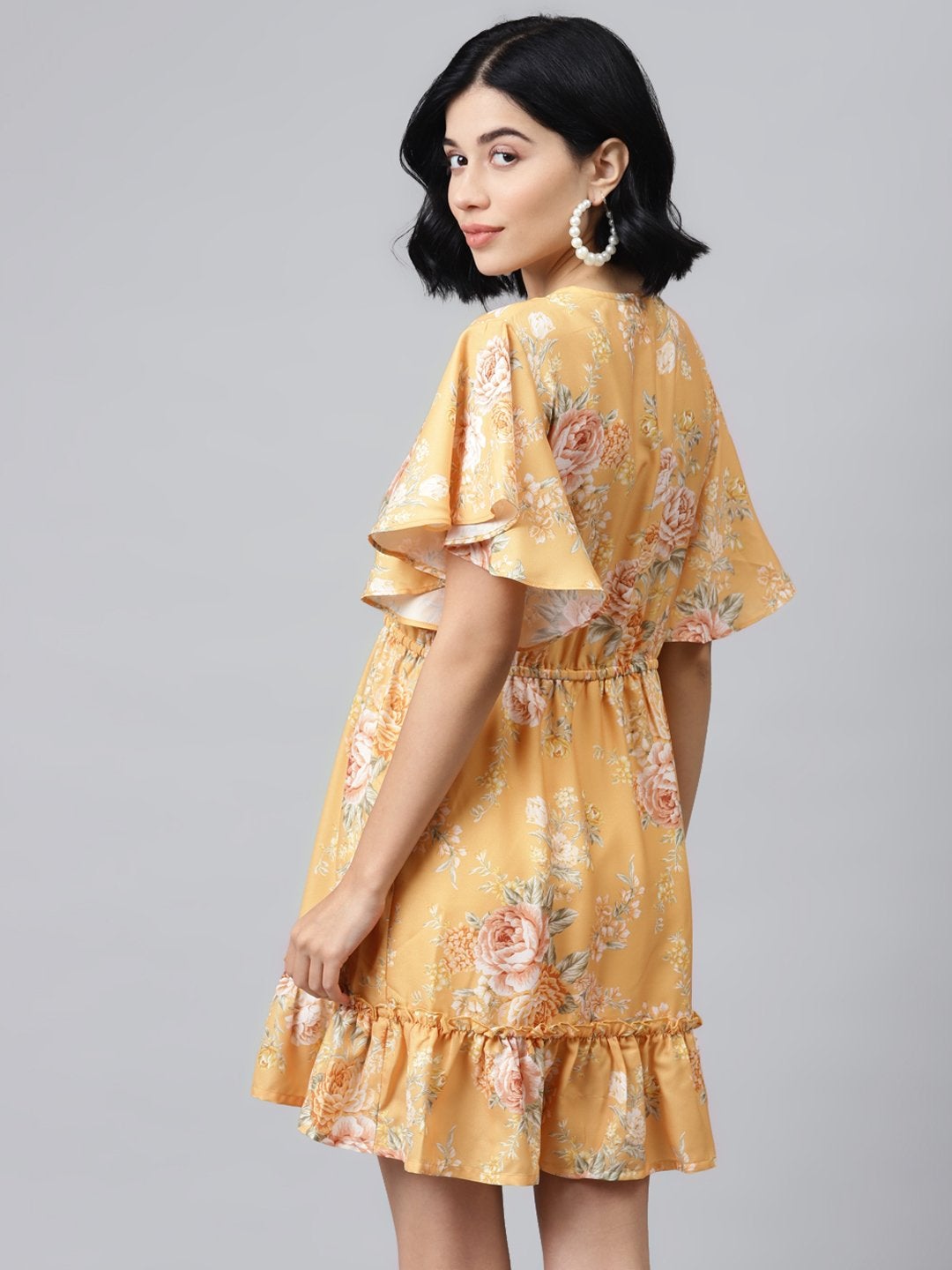 Women's Mustard Floral Wrap Fit & Flare Dress