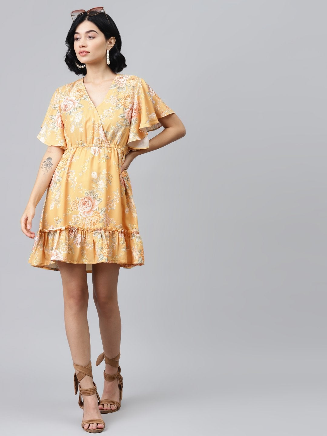 Women's Mustard Floral Wrap Fit & Flare Dress