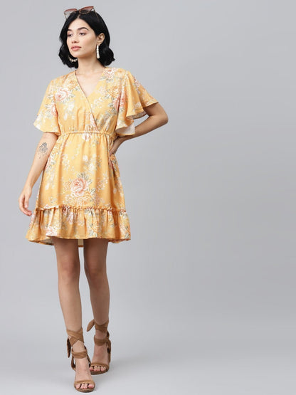 Women's Mustard Floral Wrap Fit & Flare Dress