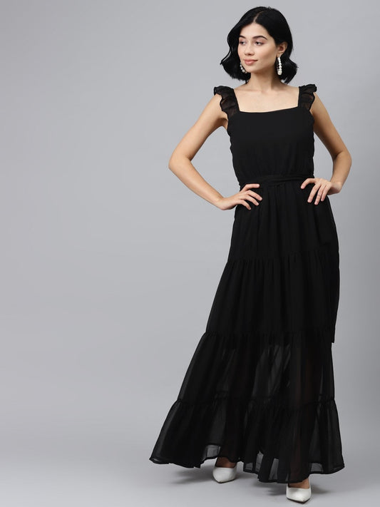 Women's Black Frilly Straps Tiered Maxi Dress