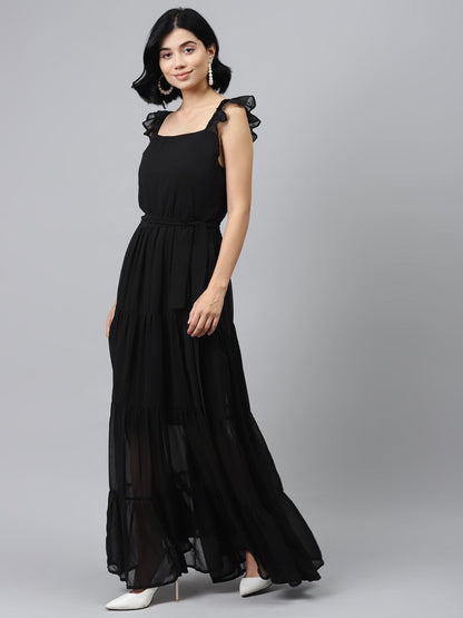 Women's Black Frilly Straps Tiered Maxi Dress