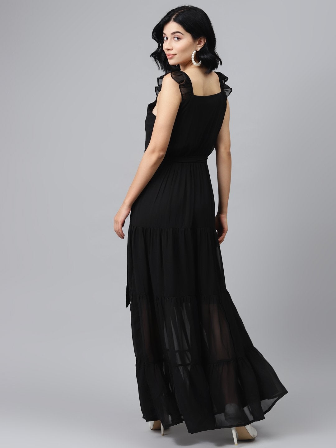Women's Black Frilly Straps Tiered Maxi Dress