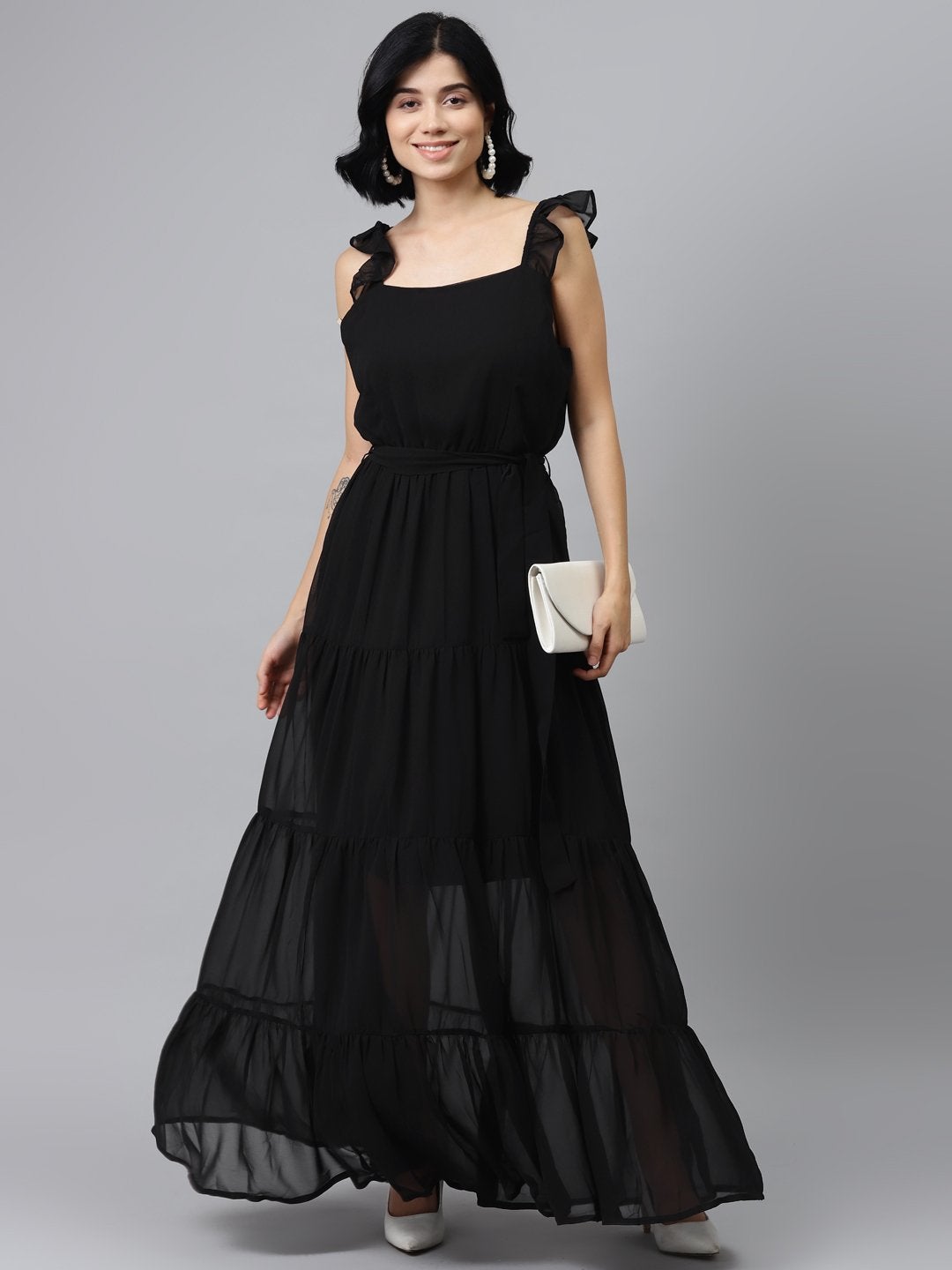 Women's Black Frilly Straps Tiered Maxi Dress