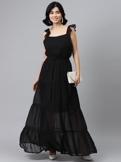 Women's Black Frilly Straps Tiered Maxi Dress
