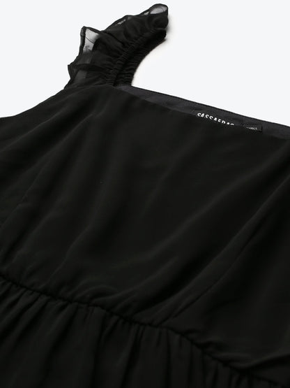 Women's Black Frilly Straps Tiered Maxi Dress