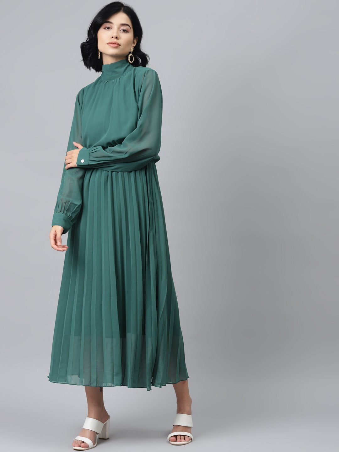 Women's Emerald Green Neck Tie-Up Pleated Dress