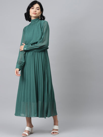 Women's Emerald Green Neck Tie-Up Pleated Dress