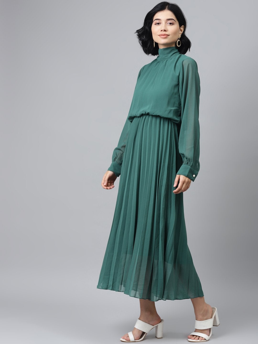 Women's Emerald Green Neck Tie-Up Pleated Dress