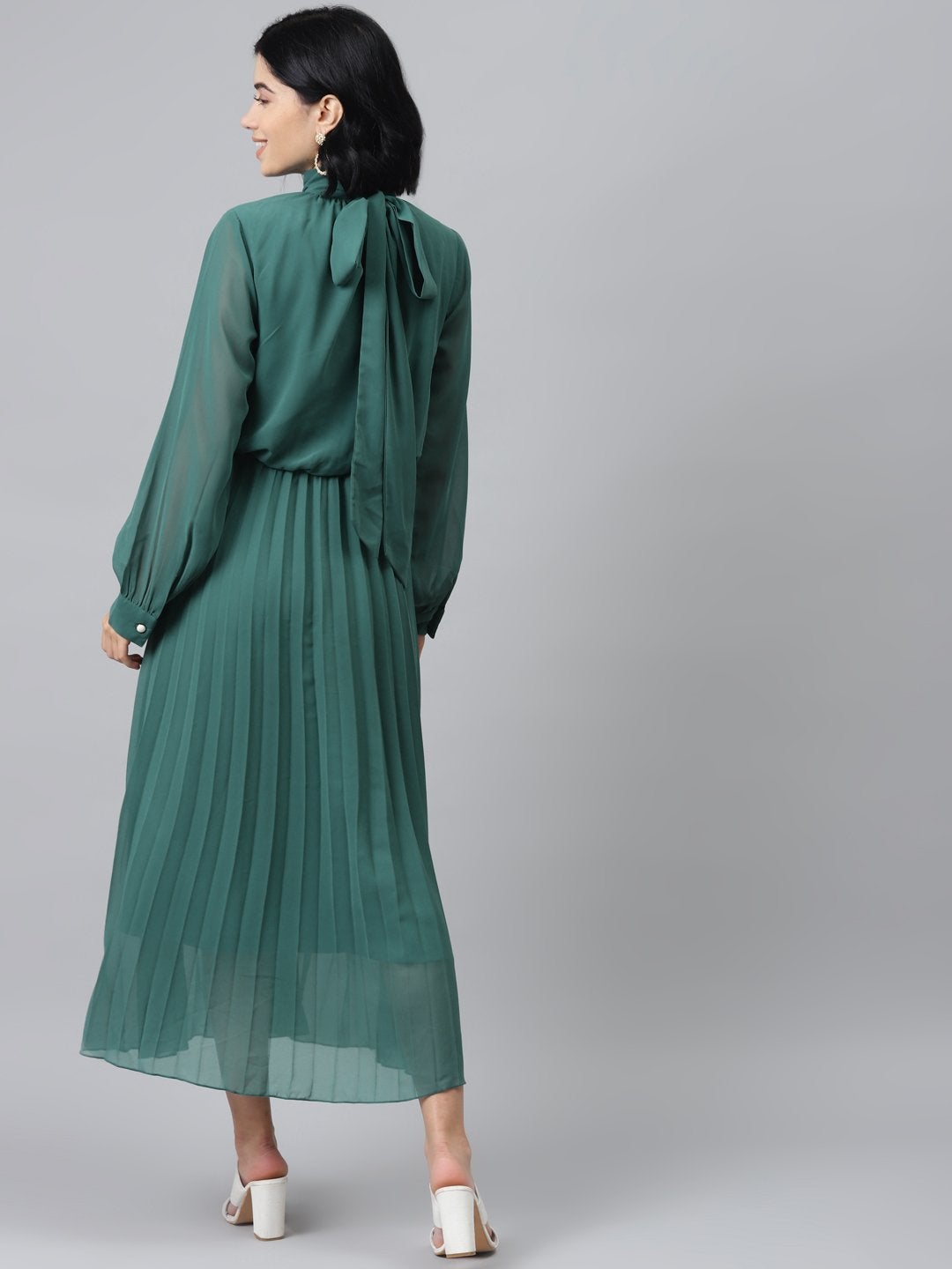 Women's Emerald Green Neck Tie-Up Pleated Dress