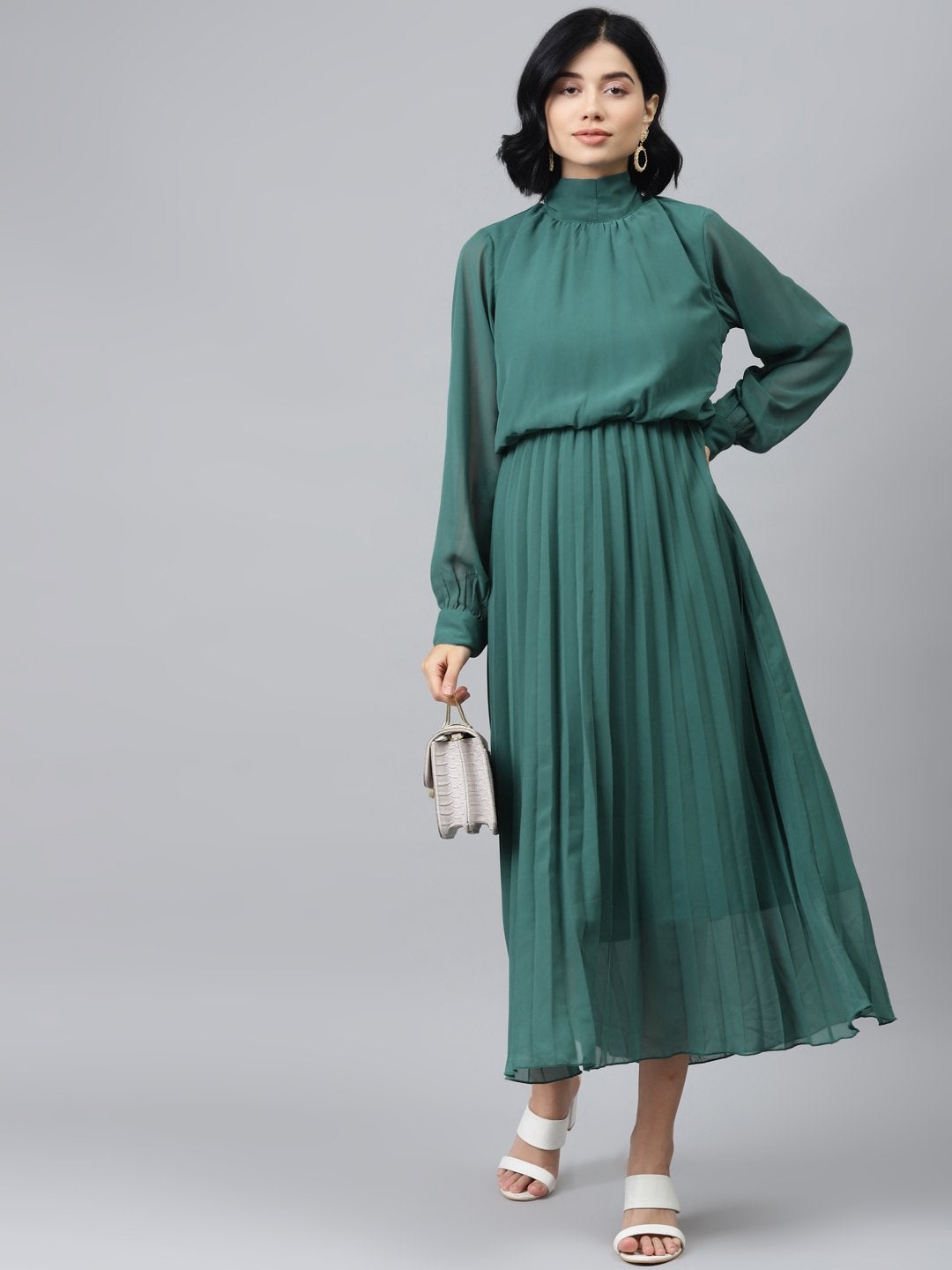 Women's Emerald Green Neck Tie-Up Pleated Dress