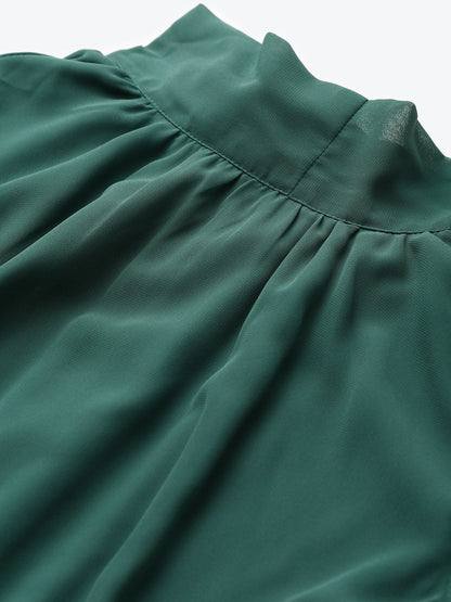 Women's Emerald Green Neck Tie-Up Pleated Dress