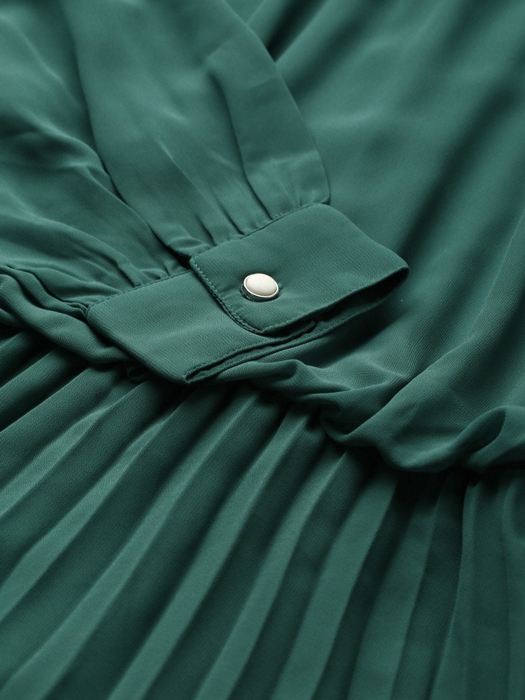 Women's Emerald Green Neck Tie-Up Pleated Dress