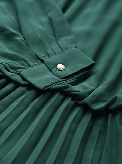 Women's Emerald Green Neck Tie-Up Pleated Dress