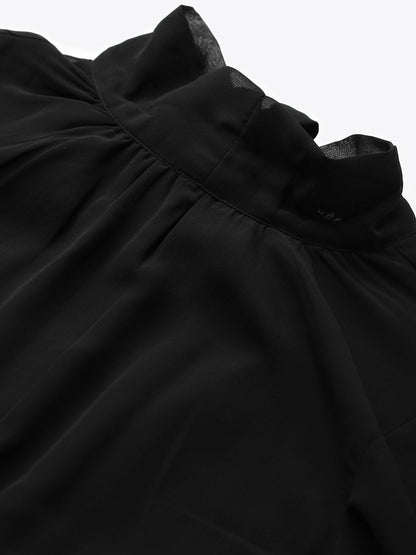 Women's Black Neck Tie-Up Pleated Dress