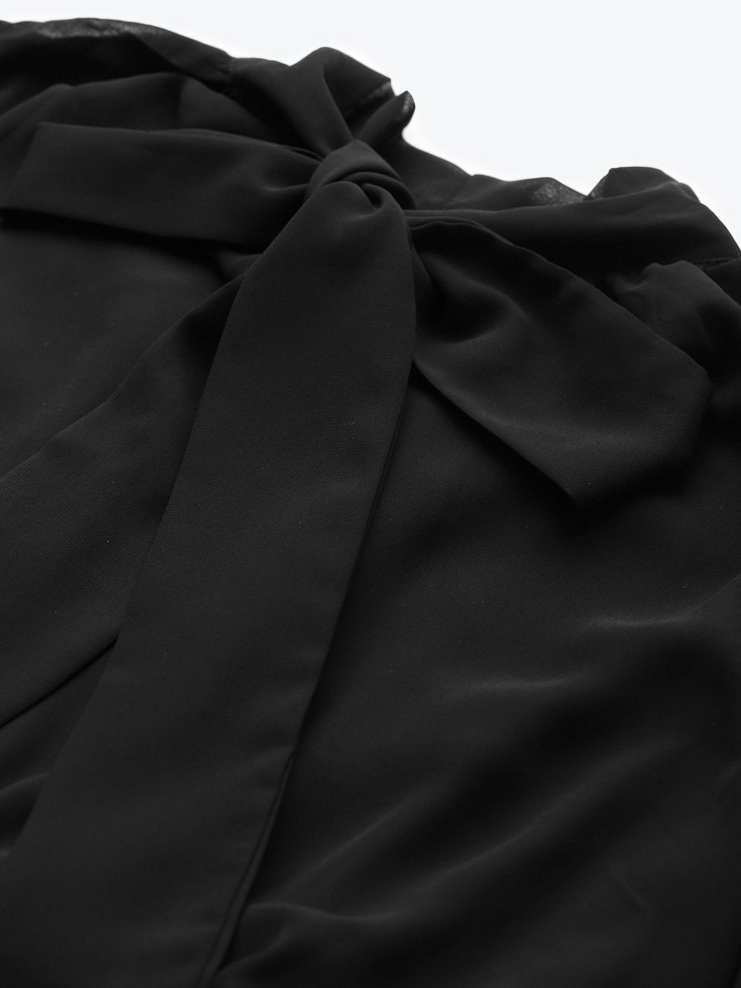 Women's Black Neck Tie-Up Pleated Dress