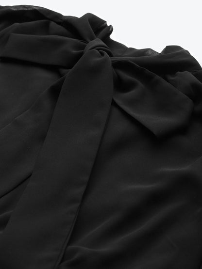 Women's Black Neck Tie-Up Pleated Dress