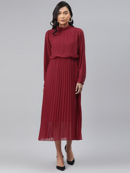 Women's Maroon Neck Tie-Up Pleated Dress