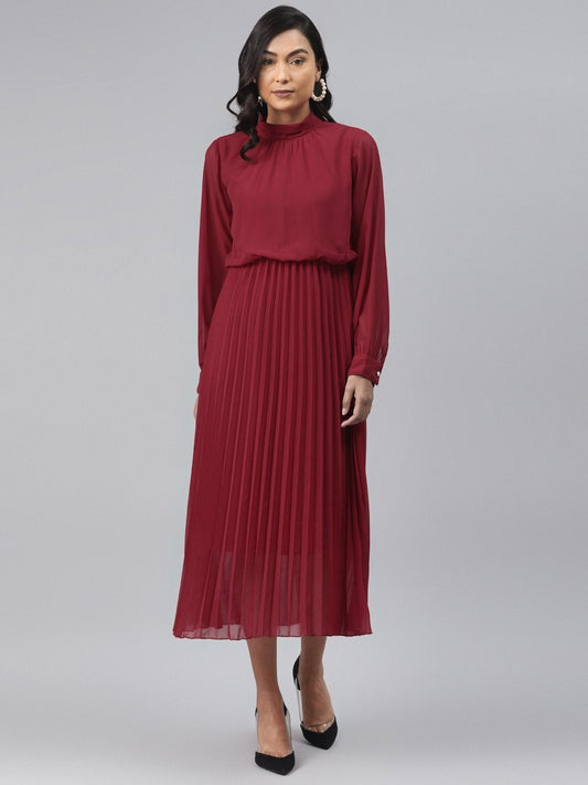 Women's Maroon Neck Tie-Up Pleated Dress