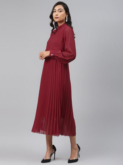 Women's Maroon Neck Tie-Up Pleated Dress