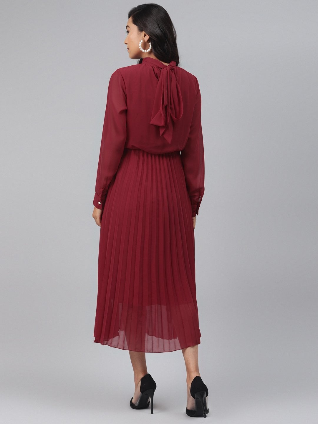 Women's Maroon Neck Tie-Up Pleated Dress