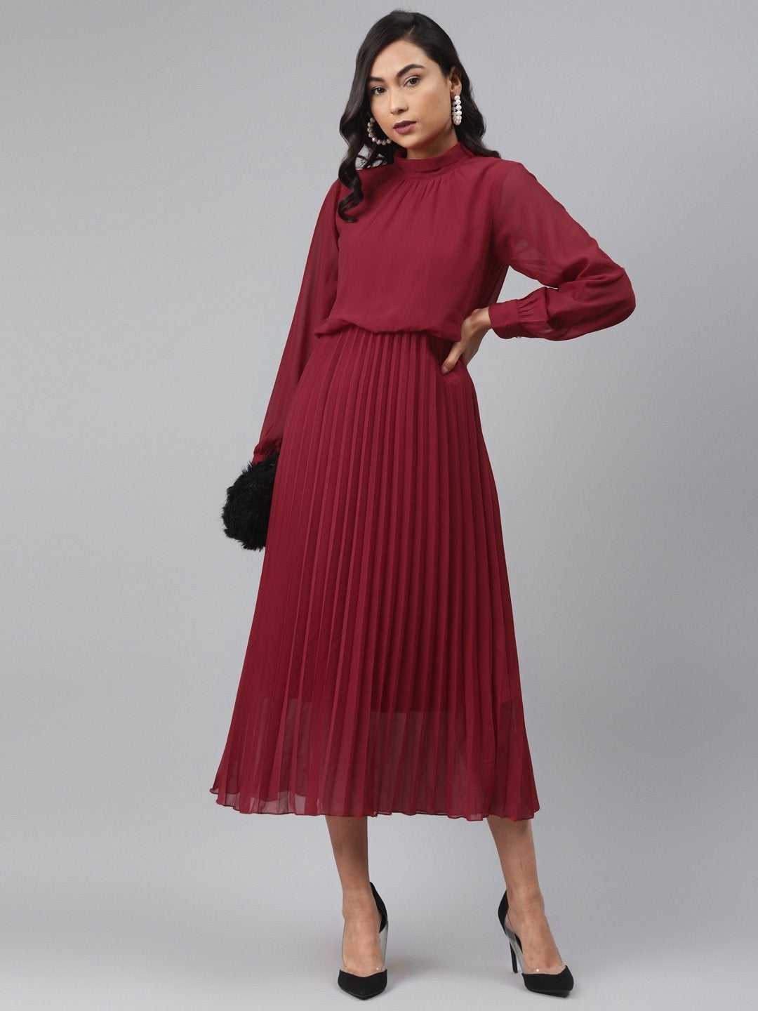 Women's Maroon Neck Tie-Up Pleated Dress
