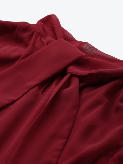 Women's Maroon Neck Tie-Up Pleated Dress