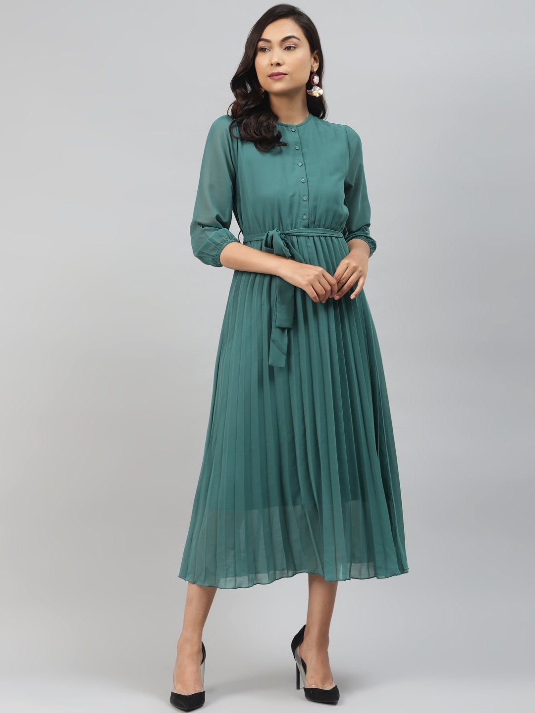 Women's Emerald Green Pleated Midi Dress