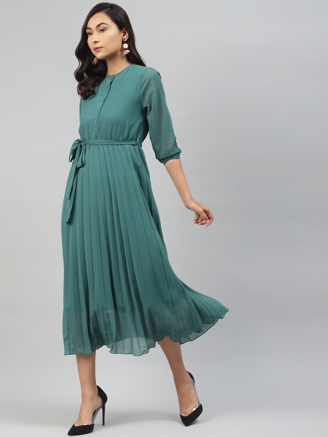 Women's Emerald Green Pleated Midi Dress