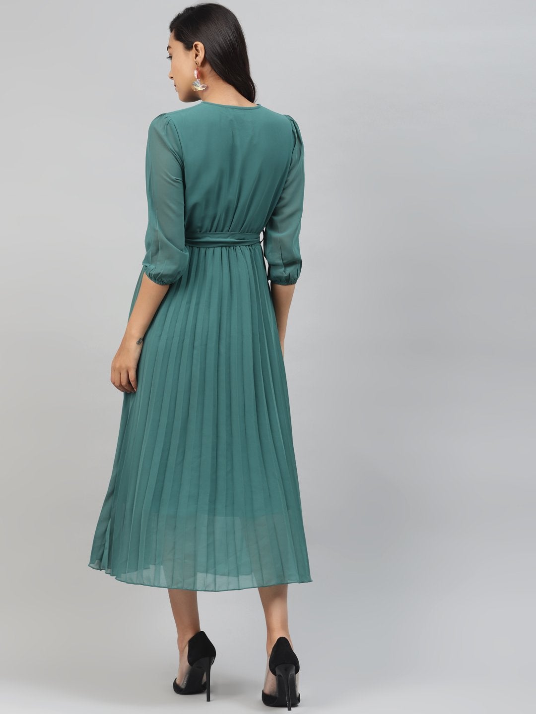 Women's Emerald Green Pleated Midi Dress