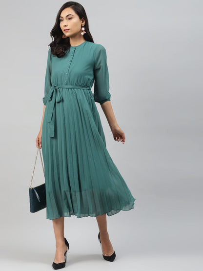 Women's Emerald Green Pleated Midi Dress