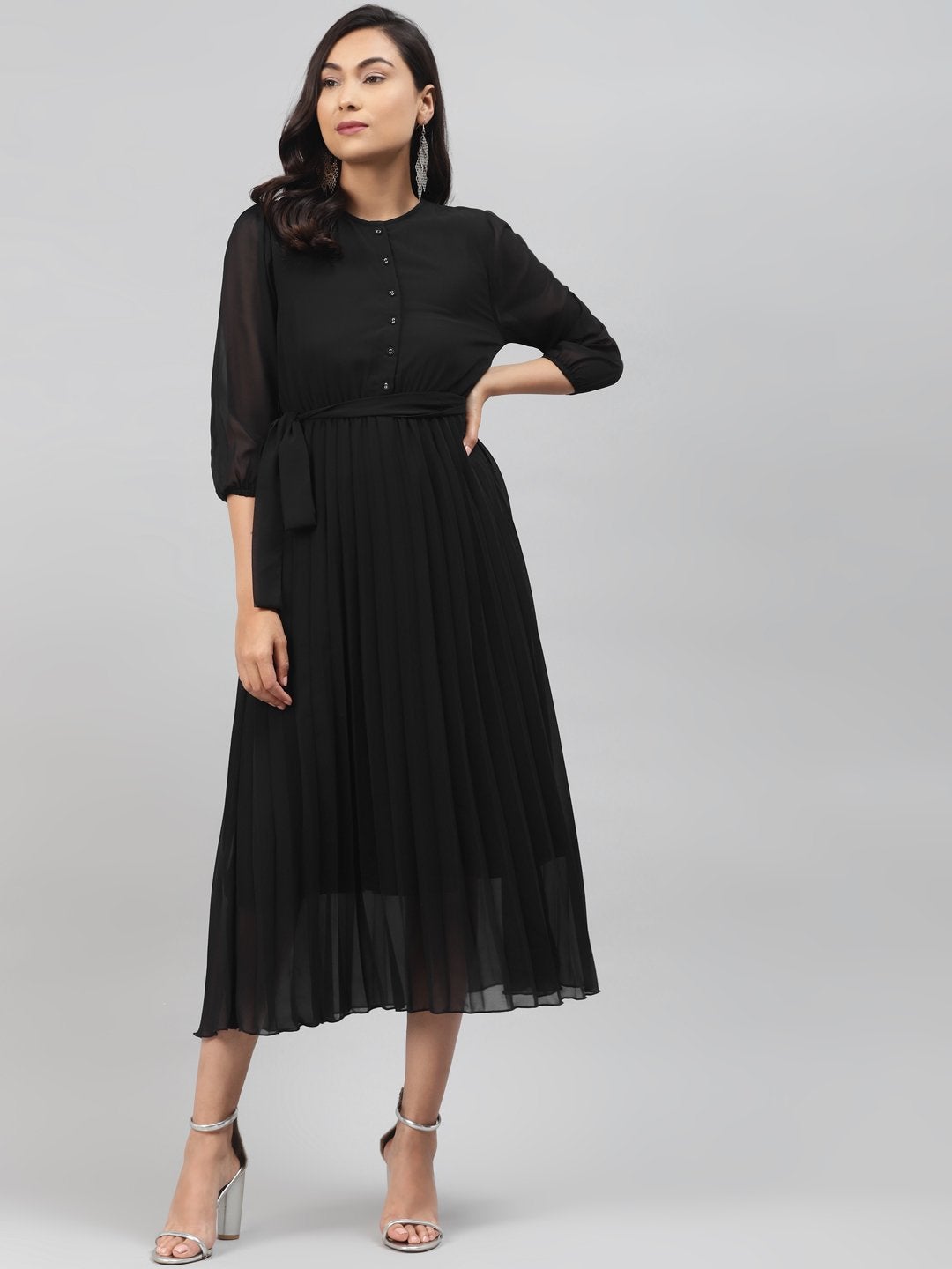 Women's Black Pleated Midi Dress