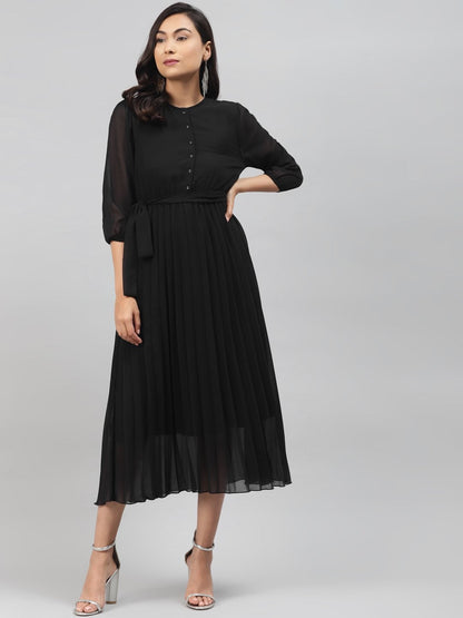 Women's Black Pleated Midi Dress