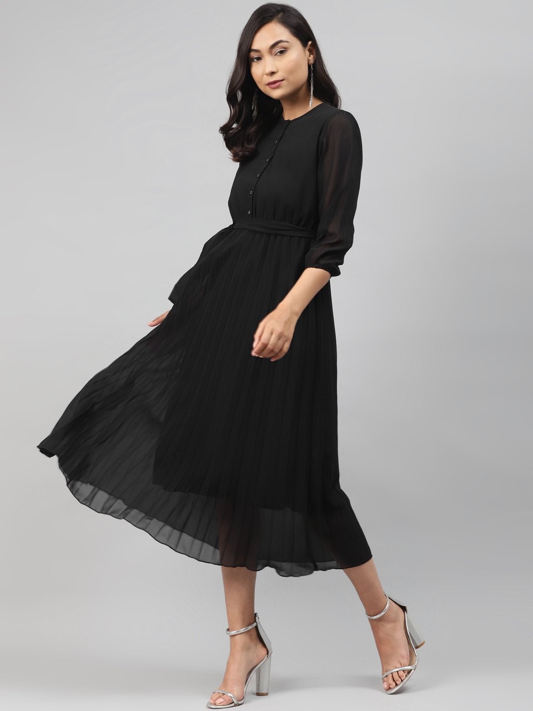 Women's Black Pleated Midi Dress