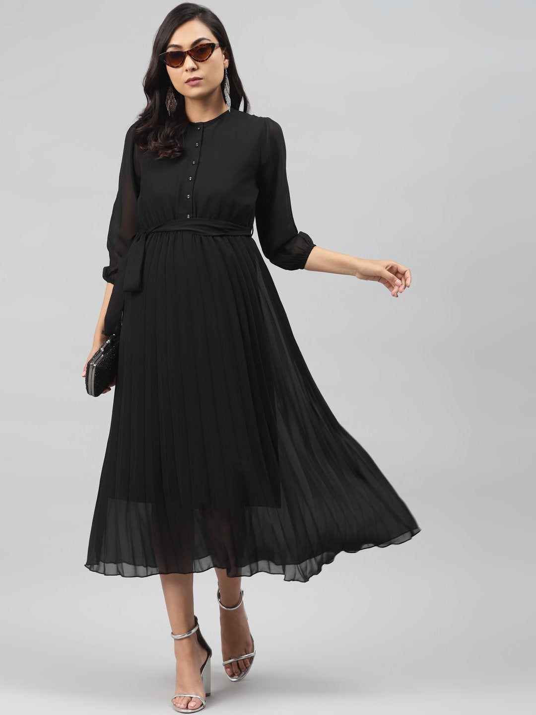 Women's Black Pleated Midi Dress