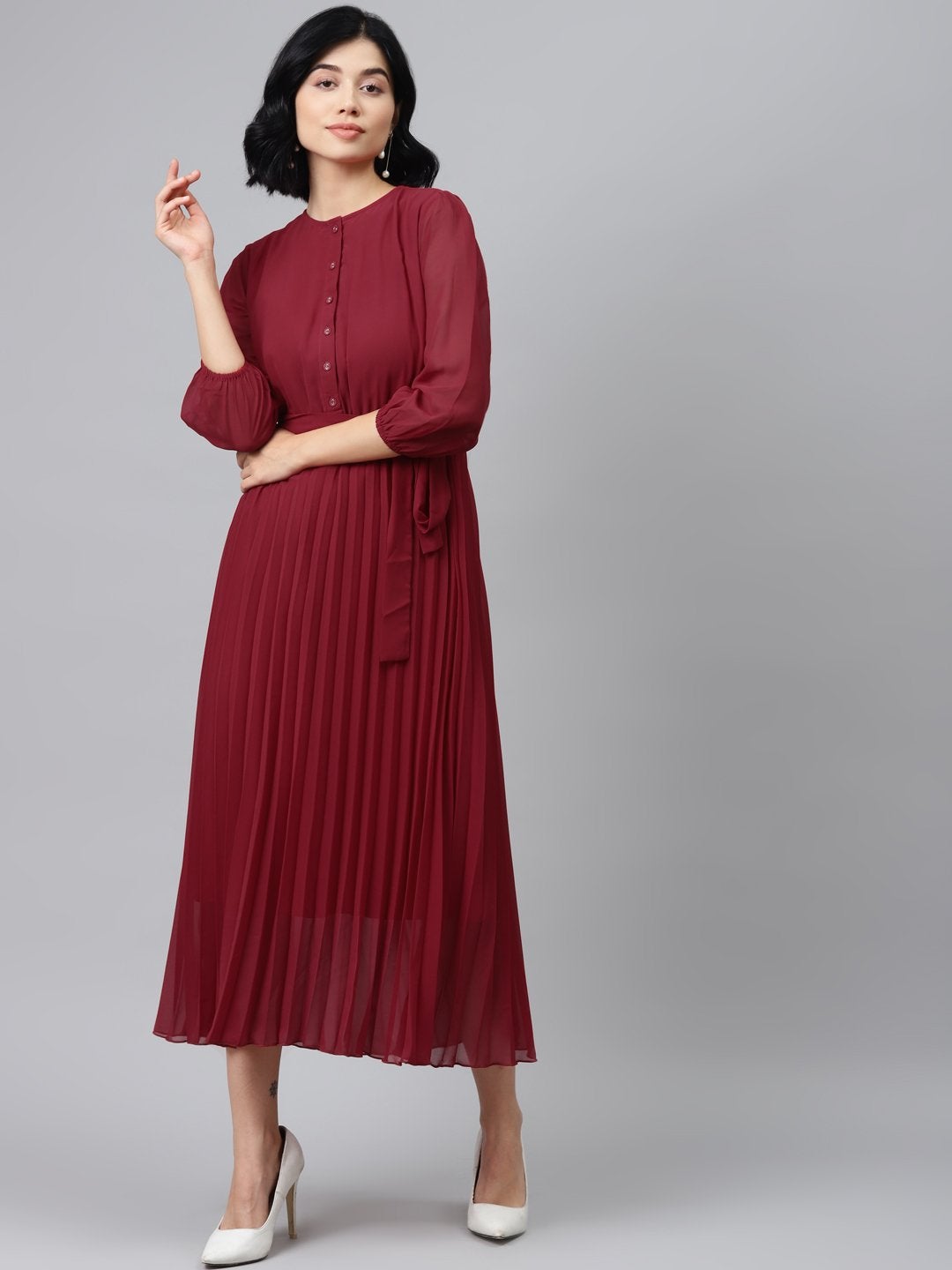 Women's Maroon Pleated Midi Dress