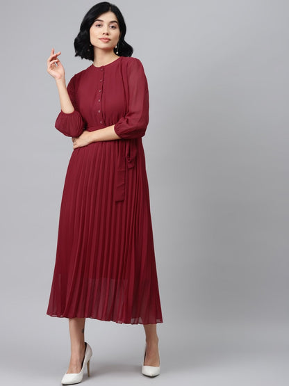 Women's Maroon Pleated Midi Dress
