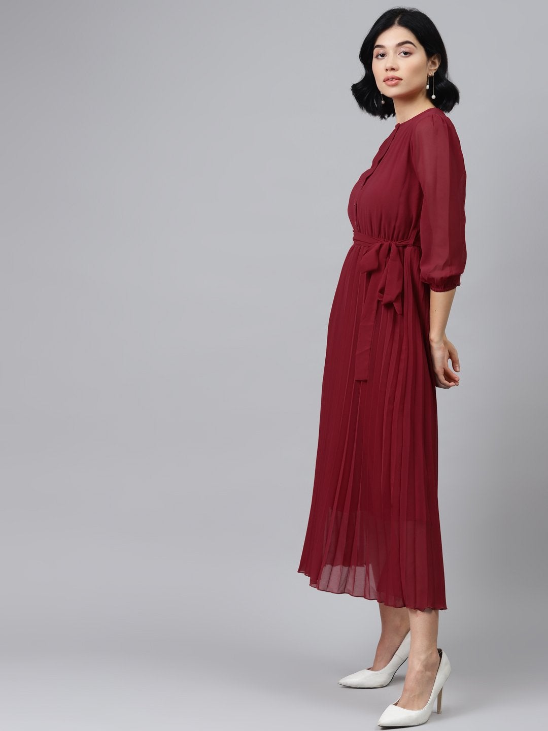 Women's Maroon Pleated Midi Dress
