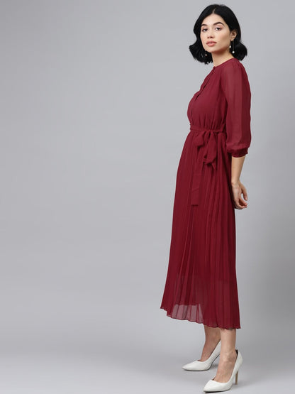 Women's Maroon Pleated Midi Dress