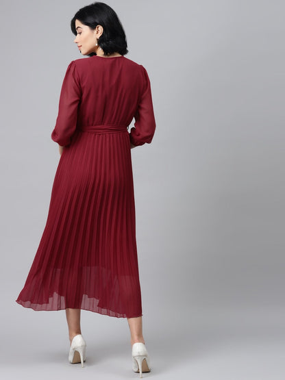 Women's Maroon Pleated Midi Dress