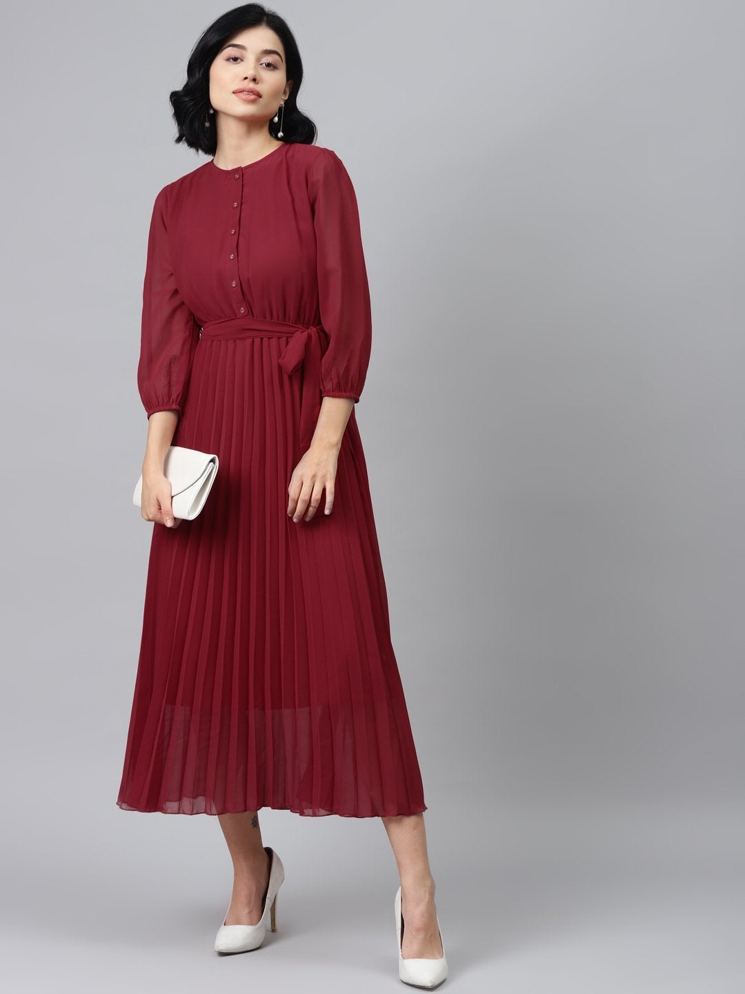 Women's Maroon Pleated Midi Dress