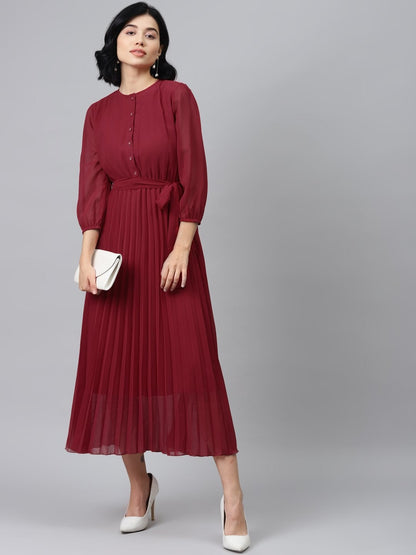 Women's Maroon Pleated Midi Dress