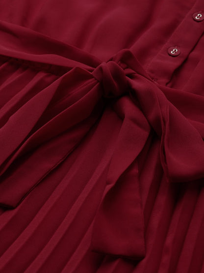 Women's Maroon Pleated Midi Dress
