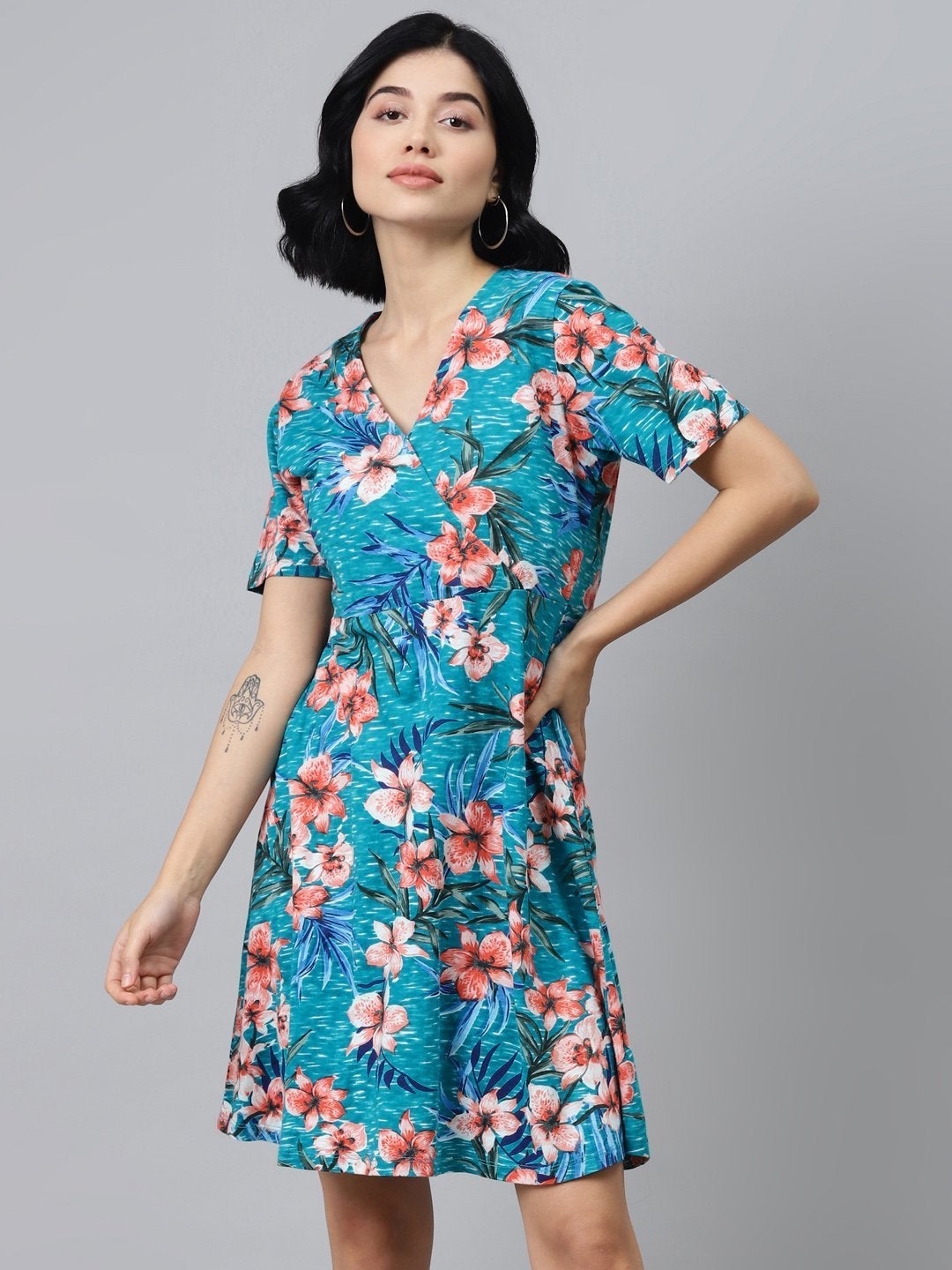 Women's Blue Floral Wrap Skater Jersey Dress