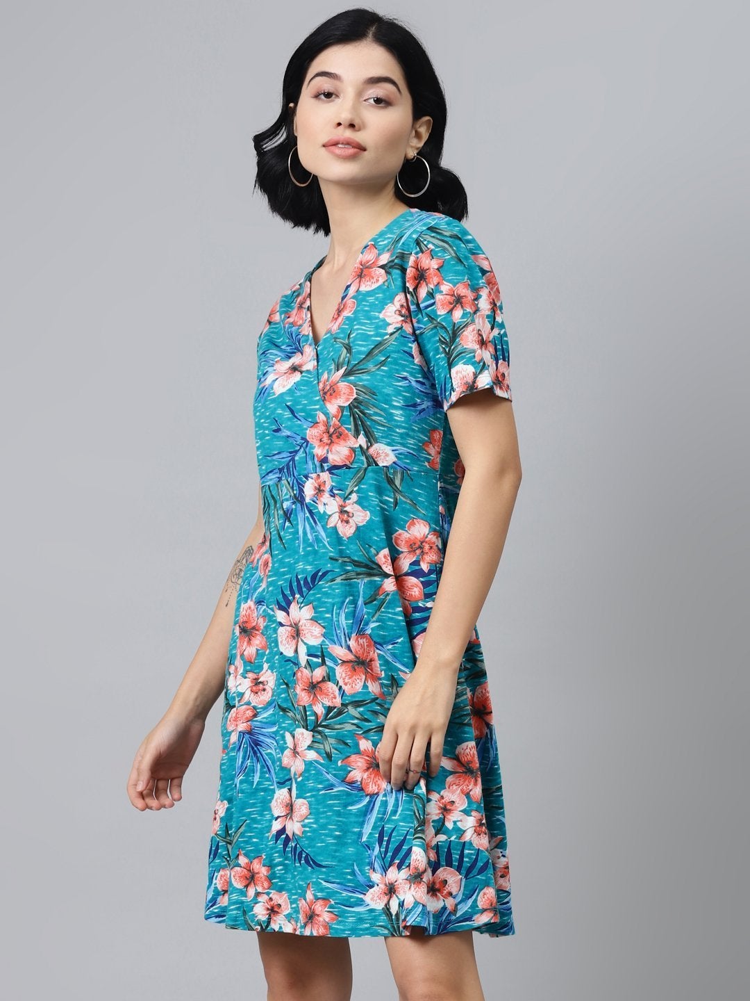Women's Blue Floral Wrap Skater Jersey Dress