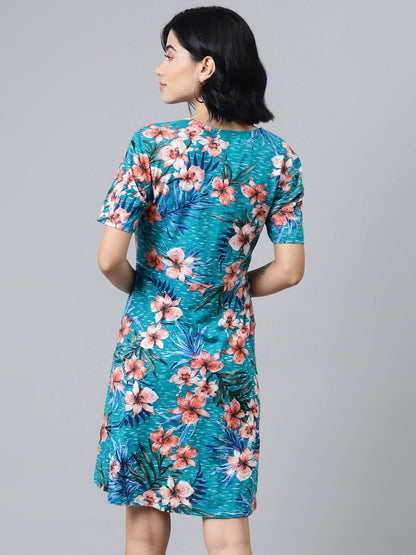 Women's Blue Floral Wrap Skater Jersey Dress