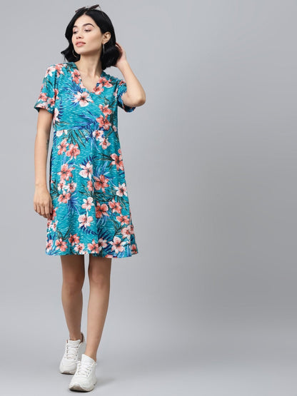 Women's Blue Floral Wrap Skater Jersey Dress